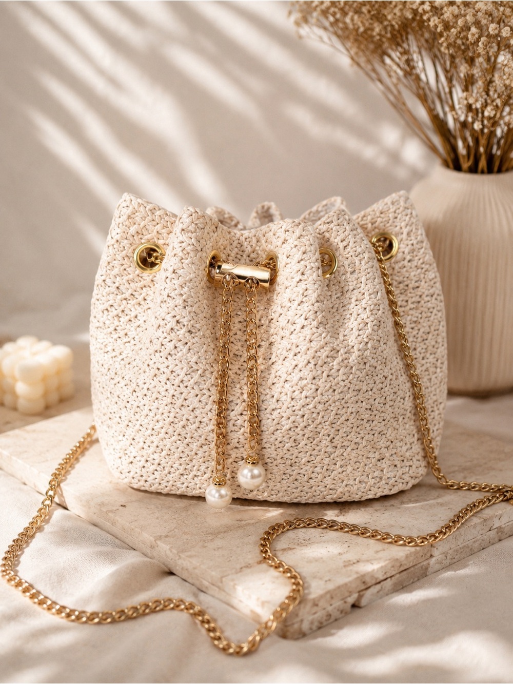 Cream Woven Inspired Drawstring Bucket Bag with Gold Chain and Pearl Accents
